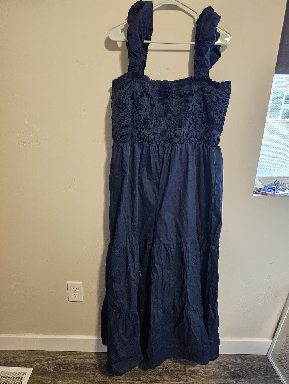 NWOT Chic Soul Navy Smocked Maxi jumper with Ruffled Straps